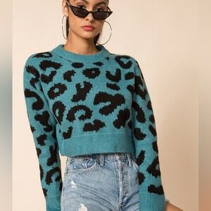 Blue and Black Crew Neck Sweater with Animal Print